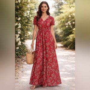 MANGO Floral Print Red Romantic Maxi Dress Short Sleeve Cotton Flowy A-Line Sz 4